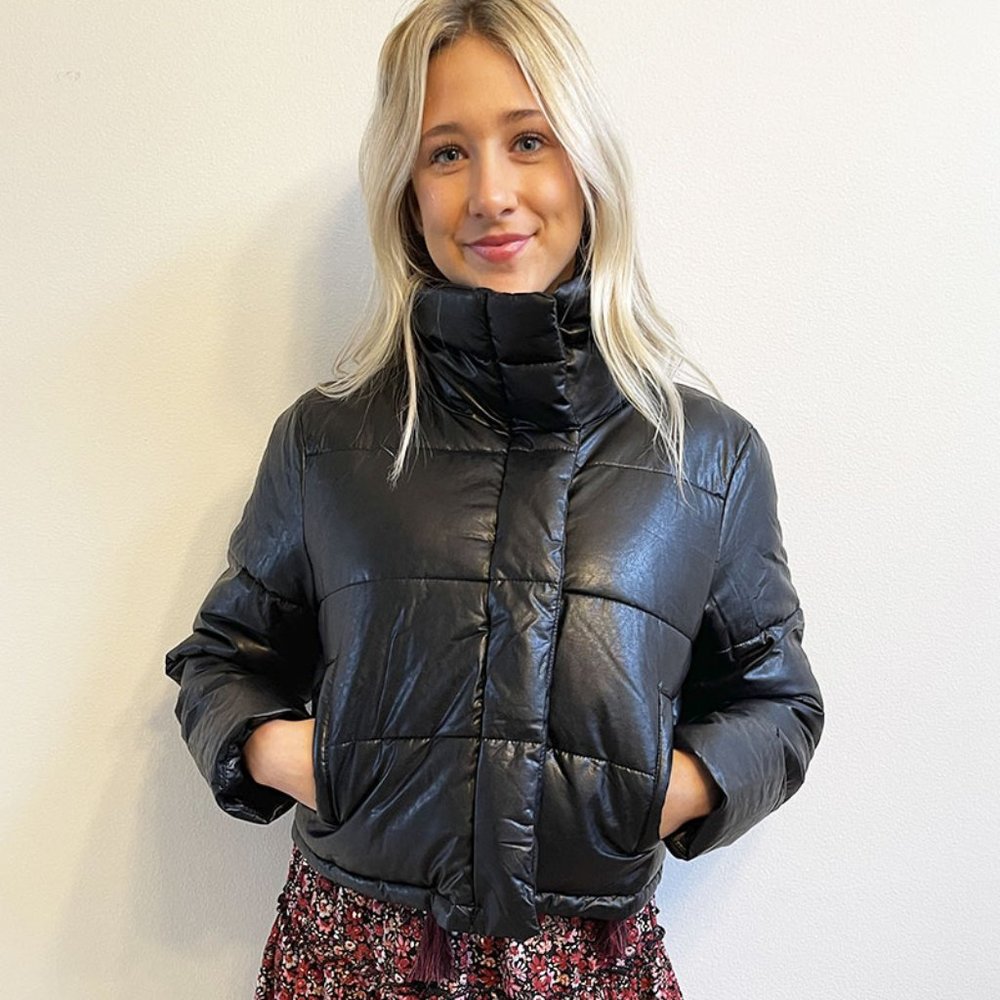 Cropped Leather Puffer Jacket
